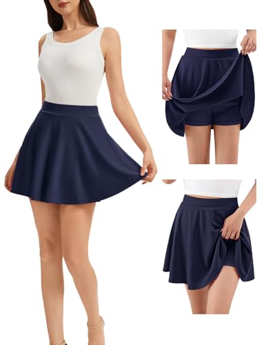 bridesmay Damen Casual Mini Rock, Elastische Hohe Taille Skater-Rock, A-Line Tennisrock Schuler Rockhose mit Sicherheits-Shorts Navy S