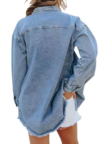 Women's Oversized Denim Jacket Boyfriend Button Down Frayed Hem Shacket Distressed Jean Jackets Fall Outfits3