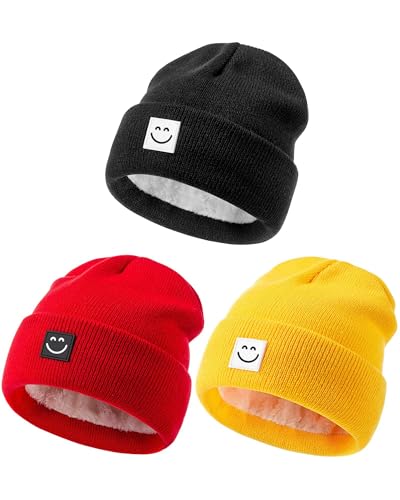 Image of Hispeka Baby Beanie Hat 3 Packs with Cute Smiley Face, Toddler Girls Boys Baby Hats Winter, Kids Winter Hat Cold Weather Red & Yellow & Black