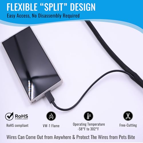 Flauzmann 1/4" Braided Cable Sleeve - 10Ft Cat Cord Protector Split Wire Loom Tubing Flexible Self Wrapping for USB, Audio, Automotive Cord, Dog Chew Proof Cable Protector - Black by Flauzmann - Image 7