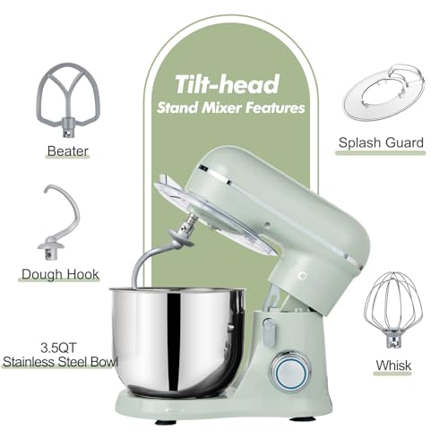 Image of Kitchen in the Box Stand Mixer, 3.5 QT Small Kitchen Electric Stand Mixers, 10-Speed Portable Lightweight Dough Mixer for Daily Use with Egg Whisk, Dough Hook, Beater (Light Green)