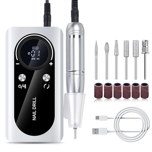 FRUJCDKI Electric Nail Drill Kit, Portable Rechargeable Nail Drill, 45000 RPM for Acrylic Nails, Gel Nails, Manicure Pedicure Polishing Shape Tools (White)