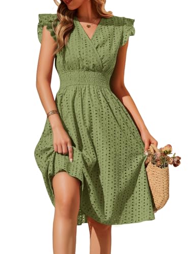 heekpek Robe Ete Femme Mi Longue Coton Col en V Robes Casual Taille Haute Ligne A sans Manche à Volants Robe Boheme Chic Detente Crochet Dentelle Jupe avec...