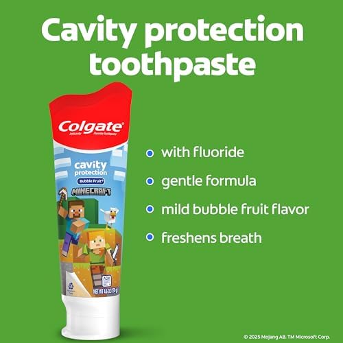 Colgate Kids Minecraft Toothbrush and Kids Toothpaste Gift Set, Includes Minecraft-Themed Battery Toothbrush, 2 Bubblegum Flavored Fluoride Toothpastes, and 2 Manual Toothbrushes - 4