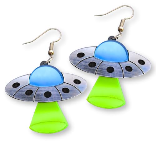 Flying Saucer UFO Dangle Earrings, Alien Spaceship with Abduction Beam Statement Stainless Steel Rave Earrings
