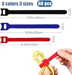 60 Pcs Multi-Purpose Reusable Cable Ties for Wire, Adjustable Cord Fastener Cable Straps Organizer with Hook and Loop for Travel, Office, Home, Data Centers, 3 Sizes and 3 Colors (Black, Red, Blue)