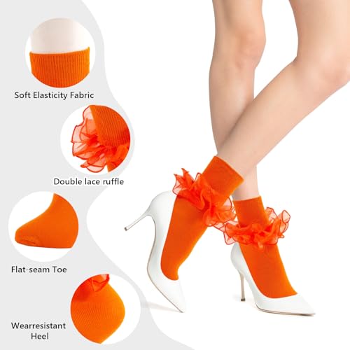 Image of Women Big Ruffle Ankle Socks Adult Double Lace Frilly Socks Fold Cuff Cotton Ruffled Dress Crew Bobby Bride Sock