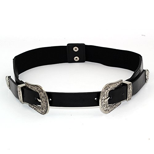 Womens Retro Carved Double Buckle Elastic Belts Western Leather Flex Belt2