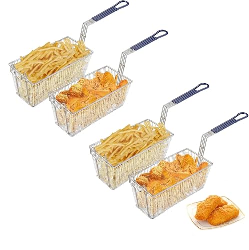 4PCS Deep Fryer Basket with Drain Plug Heavy Duty Stainless Steel Wire Mesh Basket for Frying Oil Drainer with Silicone Handle for Kitchen Restaurant