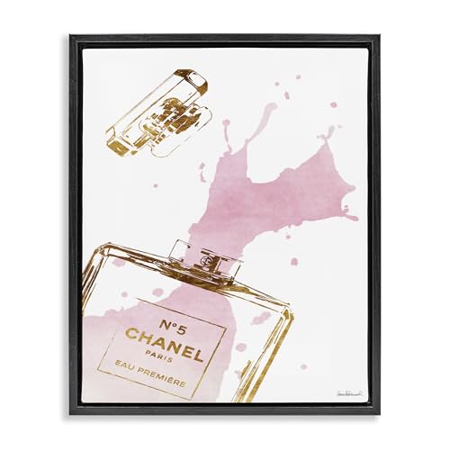 Image of 'Glam Perfume Bottle Splash Pink Gold'| Floating Frame Canvas Art | Stupell Industries | Black, 25 x 31 Inches, Easy to Hang and Sturdy, Made in USA, by Amanda Greenwood