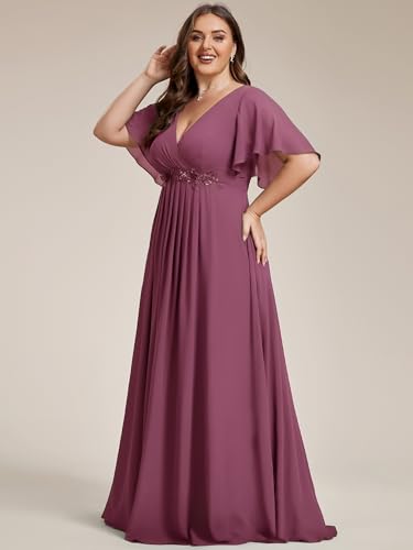 Image of Ever-Pretty Short Sleeves V Neck Plus Size Formal Dresses for Curvy Women Chiffon Mother of The Bride Dress Evening Gowns