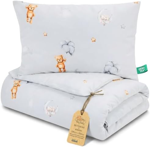 Kinderbettdecke ohne Bezug Baumwolle Set Baby Kinderdecke Kissen | Decke 100x135 cm für Kinderbett Babybett Kleinkind ganzjahres leicht atmungsaktiv Kopfkissen bezugsfrei Teddybäre
