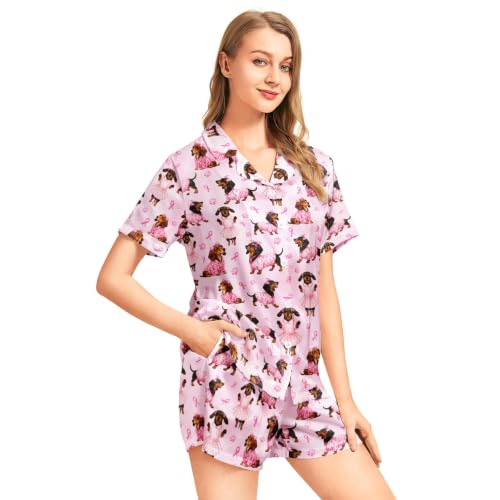 Image of Funny Pajamas for Women Set Print Satin Loungewear Pjs Short Sleeve Button Down Top and Shorts Sets Sleepwear XS-3XL