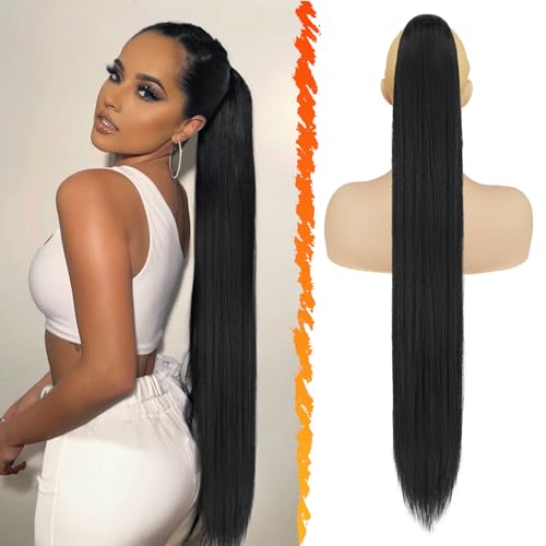 BARSDAR Negro Cola de Caballo Extensiones - 86cm Largo Liso Extensiones de Pelo Coleta con Cordón Sintetico Cola de Caballo Postizos Clip in Ponytail Extension para Mujer - Negro azabache