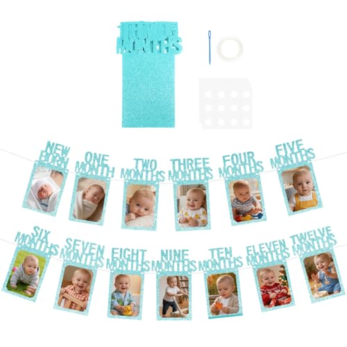 Image of Vicloon Birthday Baby Photo Banner, 1st Birthday Baby Photo Banner, Newborn to 12 Months Party Decoration, First Birthdays Decorations for Boys Girls for Babyshower Babies Shower, Blue