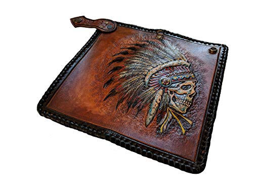 Men's 3D Genuine Leather Wallet, Long Wallet, Biker Wallet, Hand-Carved, Hand-Painted, Leather Carving, Custom Wallet, Personalized Wallet, Indian Skull, Skeleton, Red Man, Native American #TOP5