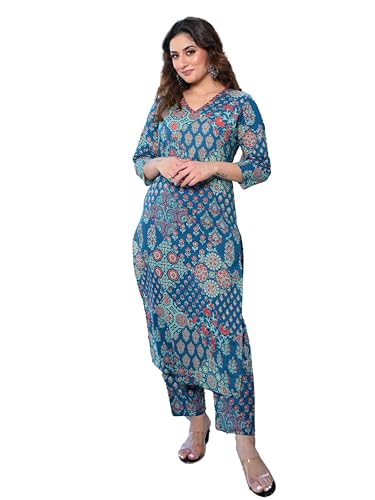 Image of Arayna Women's Pure Cotton Printed Kurta Set with Pants | Ethnic Indian Wear | 3 /4 Sleeves | Summer Outfit