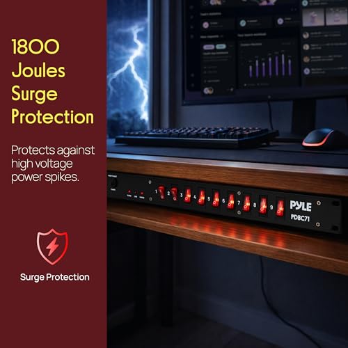 Image of Pyle 15 Amp Power Strip, 9 Outlet Power Strip with 6ft Cord for Power Supply, 1800J Surge Protection, Noise Filter, LED Indicators, Flat Plug, 1U Steel Chassis, Rack Mount Design