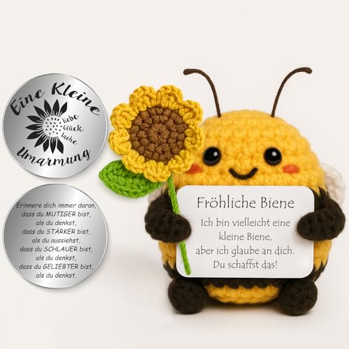 Tixlux Pocket Hug Fröhliche Biene mit Sonnenblumenstrauß, Kreative Strickwolle Biene Puppe und Kleine Umarmung Glücksbringer, MutmacherGeschenk, Gute Besserung Geschenk, Weihnachten