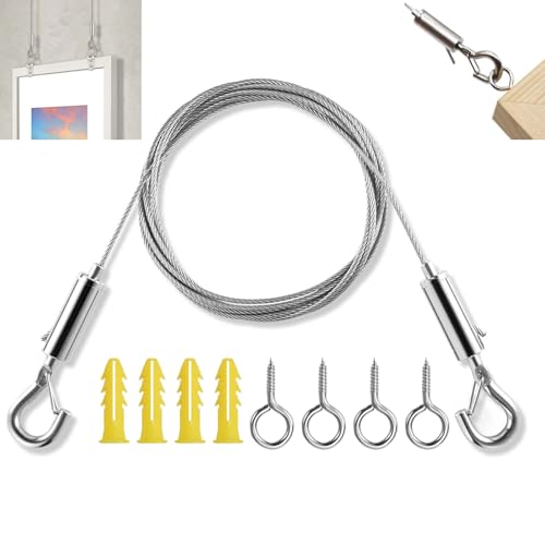 Juego de Cable de Colgar de Acero Inoxidable, Ajustable Alambre para Colgar con 2 Ganchos y 4 Tornillos, 2mm × 5m Cable de Acero Inoxidable, Alambre para Colgar Marco de Imagen Ropa Cuadros Soporte
