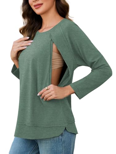 Image of Ecavus Women's Nursing Shirts for Breastfeeding with Zipper Long Sleeve Defined Seams Comfortable Breastfeeding Shirts
