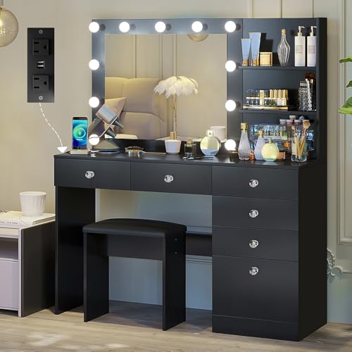 Image of VOWNER 47 inch Vanity with Outlet - Makeup Vanity Desk with Mirror, Storage Shelves and 6 Drawers, 3-Color Light, Makeup Desk Set with Stool for Bedroom, Black