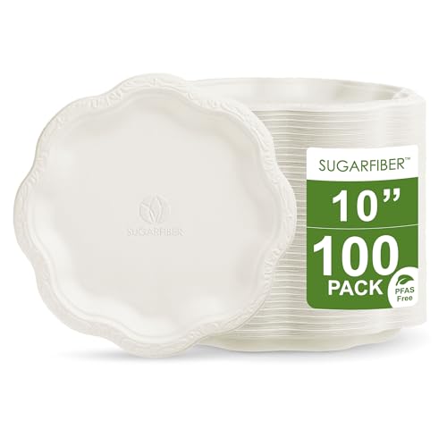 [100 COUNT] SUGARFIBER 10-inch Compostable PFAS Free Floral Paper Plates, White Floral Acanthus Collection Natural Sugarcane Disposable Bagasse Eco Friendly Wedding Dinner Plates Elegant, New Version