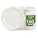 [100 COUNT] 10" inch Disposable Floral Large Premium White Plates Acanthus Collection Natural Sugarcane Bamboo Fibers Bagasse 100% Byproduct Eco Friendly Environmental Plastic Paper Plate Alternative