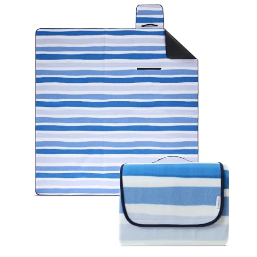 wometo eco-line nachhaltige Picknickdecke wasserdicht 200x200 100% recyceltes Fleece XXL Outdoor Gesteppte Campingdecke Stranddecke Streifen blau hellblau grün isoliert waschbar