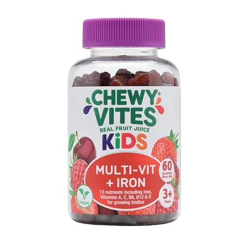 Chewy Vites Kids Multi-Vitamin + Iron, 60 Kids Vitamins Gummies, Iron Gummies, 13 Essential Vitamins and Minerals, 2 Months Supply, Real Fruit Juice, Vegan, Age 3 +, Berries Flavour