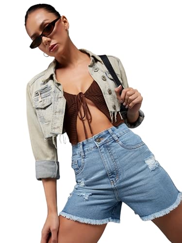 Short en jean femme effet vieilli denim souple coupe décontractée