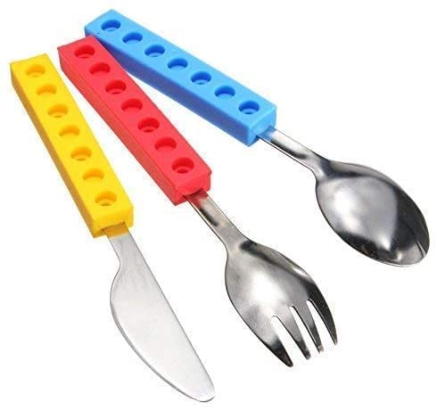 Toddler Utensils And Brick Toys - Set Of 3 Interlocking Block Kids Silverware - Toddler Fork And Spoon Set With Toddler Knife For Kids - Non-Bpa Kids Cutlery And Kid Safe Stainless Steel Silverware #TOP2