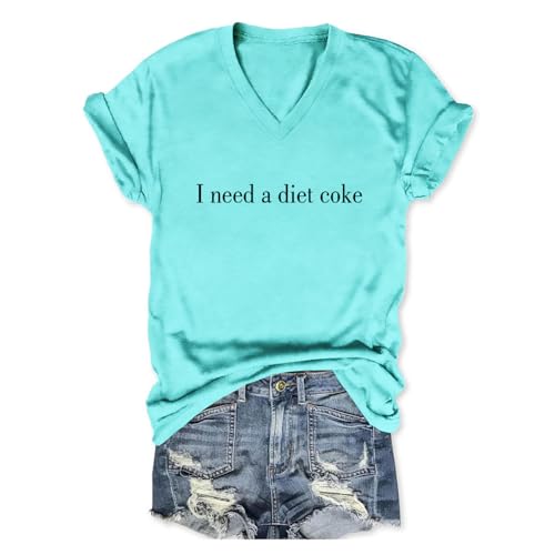 PUGIAF Women Summer Tops, I Need A Coke Shirt, Cute V Neck Short Sleeve Blouse Funny Letter Graphic Print Shirts Tees Aqua Blue