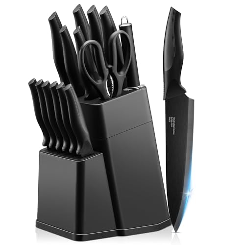 Joyfair Kitchen Knife Set, 15 Pieces Carbon Stainless Steel Kitchen Knife Block Set, Professional Sharp Cutting Tool Set for Chopping/Dicing/Slicing Steak Bread Fish Vegetable, Rust Free, Black