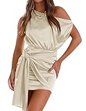 ZESICA Women's 2023 Sexy Satin One Shoulder Sleeveless Ruched Tie Waist Wrap Bodycon Cocktail Party Mini Dress,Champagne,X-Large