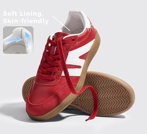 Image of LUCKY STEP Women Retro Gum Sole Fashion Sneakers | Genuine Leather Classic Tennis Skate Walking Shoes Anti Slip Trainers