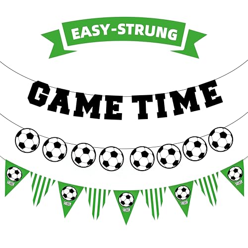 SNAPVIBE Game Time Soccer Banner World Cup Decorations Easy-Strung Garland No DIY Soccer Party Decorations for Birthday World Cup Sports Theme Party 16ft Reusable Eco-Friendly Banner with 3 Strings | Game Time-3 banners