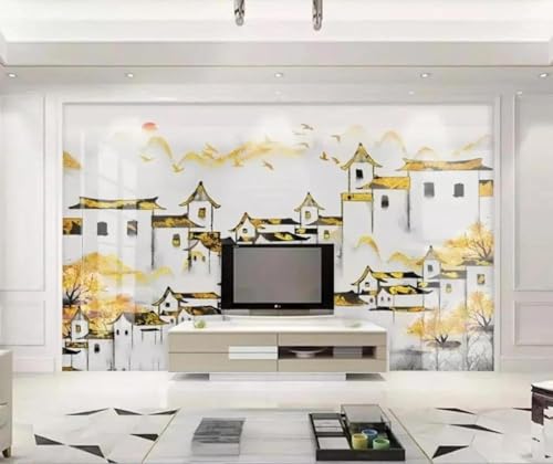Tzxztt Tinta China Vintage Casas Pájaros En Vuelo Árboles Papel Pintado 3D Seda Texturizada Primera Calidad Neutros Material Ideal Para SalóN Dormitorio-200cm×140cm