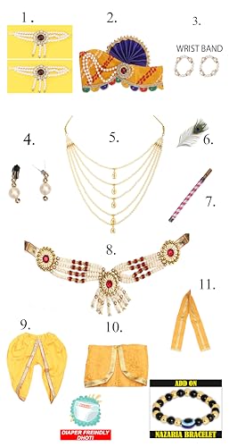 Image of Krishna Dress for Kids, Baby Krishna Dress for Janmashtami with Krishna Mukut, Peacock Feather & Flute Embroidered Krishna Costume for Girl & Boy, 3 Months-8 Years