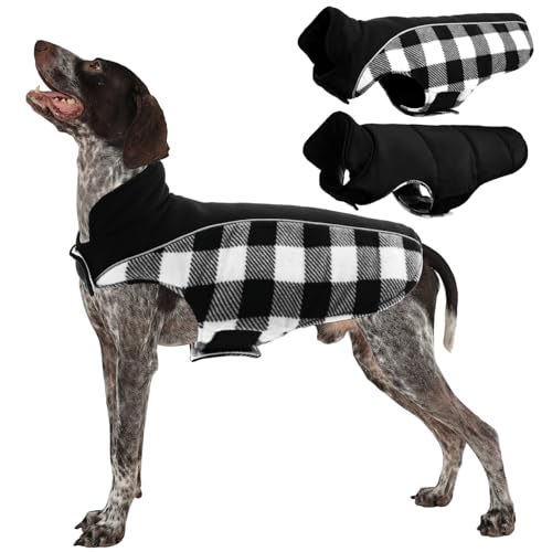 Kuoser Dog Winter Coat, Reversible Waterproof Dog Jacket with Reflective Strip, Warm Dogs Fleece Vest Adjustable Doggy Cold Weather Clothes Plaid Christmas Outfit Pet Apparel for Large Dogs,