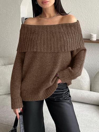 Image of Saodimallsu Womens Off The Shoulder Sweaters Oversized Long Sleeve Loose Ribbed Knit Fall Trendy Pullover Tops