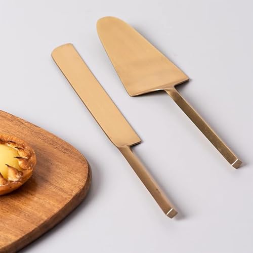 Image of nestroots Golden Stainless Steel Cake Server Set of 2 | 9 Inches Knife & Server with Plain Handle | Perfect for Cake Cutting, Dessert Serving & Partiess | Elegant & Durable Design