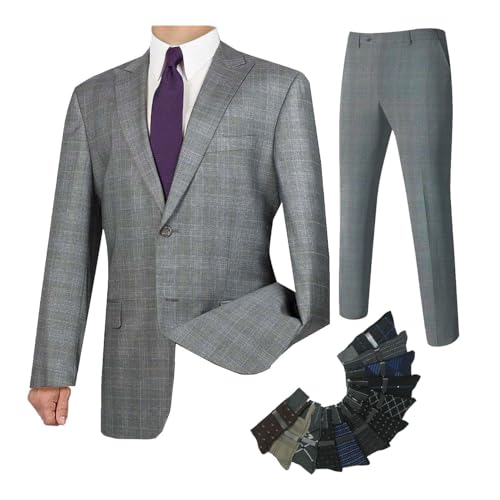 Men's 2pc. Glen Plaid Regular Fit Single Breasted Suit w/1 Pair of Socks