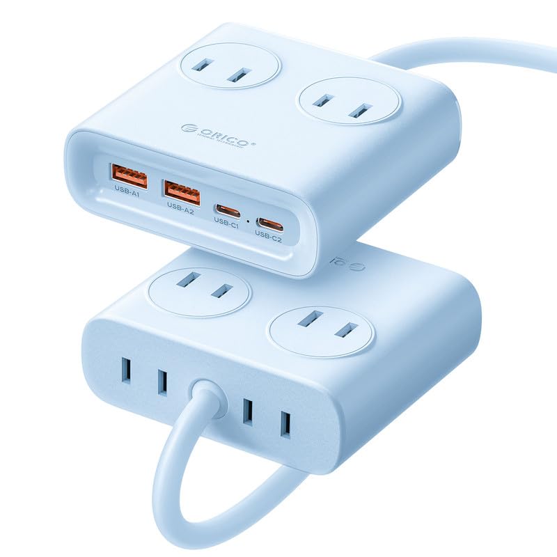 ORICO 小方砖USB電源タップ（8口、25W）（コンセント4口 USB-C×2/USB-A×2、延長コード1m）【PSE技術基準適合/USB Power Delivery対応】Windowsパソコン iPad iPhone Galaxy Androidスマートフォン ノートパソコン 各種デバイス対応 - 青 - PDC（一つの装い）