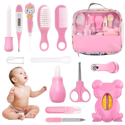 HyAdierTech Set per la Cura del Bambino, 13 pcs Baby Healthcare Kit, per Quotidiano eViaggi Termometro,Tagliaunghie, Alimentatore di Medicinali per Neonati Forbici Spazzola per capelli (Pink)