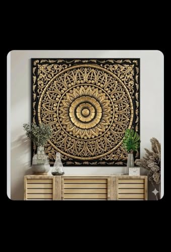 Image of ROYAL TRADERS Hand Carved Wooden Mandala Wall Panel | Vintage Floral Wall Art | Decorative Wooden Wall Hanging | Boho Home Decor Panel Large Wall Decor Panel, Wooden Carving Wall Hanging (ANTIQUE BROWN)
