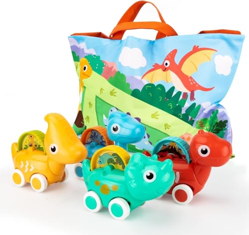 Image of PLUSPOINT Cute Dinosaur Toy car Set with Playmat Fantastic Creatures Toys mat Storage Bag Baby Car Travel Toys Pretend Play Jungle Theme playmat for Kids Birthday Gift Stocking Stuffers for Toddler