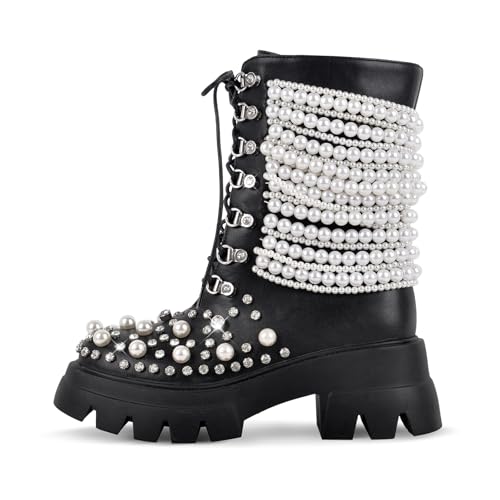Women's Pearls Rhinestones Studded Platform Ankle Boots Lace Up Strappy Block Heels
