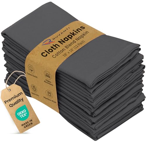 Ruvanti Cloth Napkins Set of 12, Cotton Enrich 18”x18” - Dark Grey by RUVANTI - Used condition - US$18.72