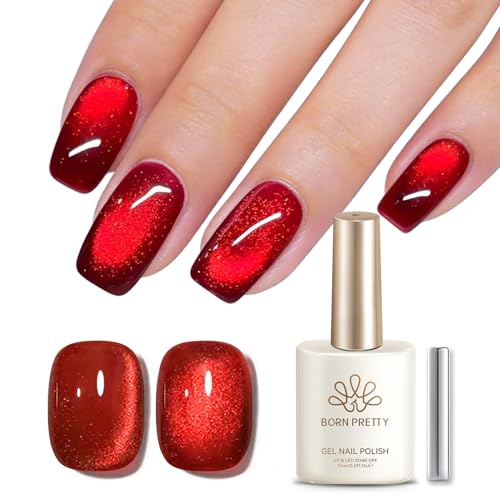 Born Pretty Red Cat Magnetic Eye Gel Nail Polish, Reflective Holographic Glitter Shiny Ruby Red 15mL Gel Nail Polish With Magnetic